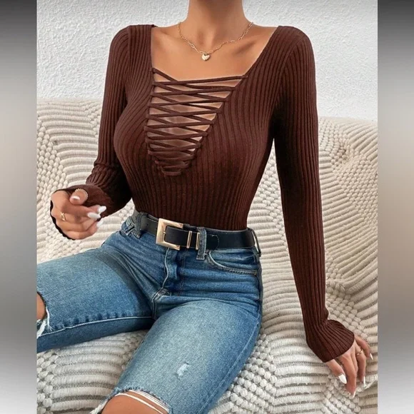 Cozy crisscross front ribbed knit sweater top - Picture 6 of 6